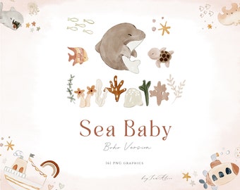 Può includere: Un set di 161 illustrazioni ad acquerello con tema baby marino. Le illustrazioni includono un delfino, una tartaruga, una barca, un sottomarino, coralli, alghe e altri elementi a tema oceanico. Le illustrazioni sono in stile boho e sono perfette per creare inviti, biglietti e altri lavoretti.