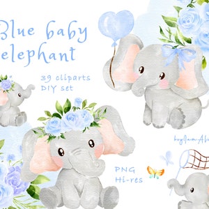 Baby elephant clipart, blue watercolor elephant PNG, FREE COMMERCIAL use, safari jungle animal clipart, nursery art, baby boy clipart png