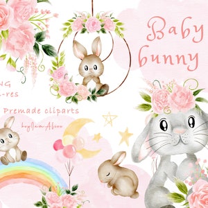 Baby Hase Clipart, rosa Aquarell Kaninchen PNG, Sublimation png, Waldtier Clipart, Kinderzimmer Kunst, Baby Mädchen Clipart png, Osterhase