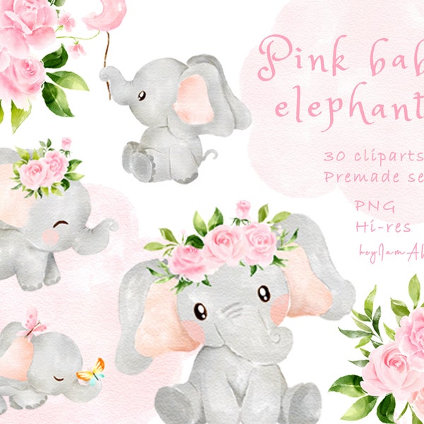 Baby elephant clipart, pink watercolor elephant PNG, FREE COMMERCIAL use, safari jungle animal clipart, nursery art, baby girl clipart png