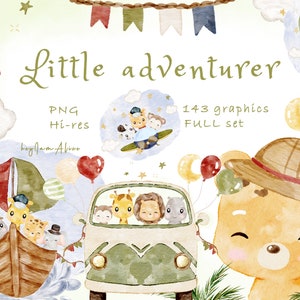 Clipart animal aquarelle jungle, pépinière jungle, shower de bébé avion voiture, safari animal graphique PNG, bébé éléphant, bébé lion, bébé girafe