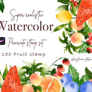 May include: Watercolour illustration of a variety of fruits, including watermelon, peaches, lemons, oranges, blueberries and strawberries. The image includes the text "Super realistic Watercolor Procreate stamp set 150 Fruit stamp HeyJamAlice".