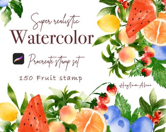150 リアルなフルーツ水彩スタンプ、無料商用利用、花柄 Procreate スタンプ、Procreate ブラシ、ブーケ クリエーター、クリップアート クリエーター、フルーツ