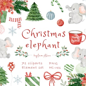 Baby Elefant Weihnachten Clipart PNG, Urlaub Aquarell Elefant PNG, Safari Dschungel Tier Clipart, xmas Elefant Sublimation Design PNG