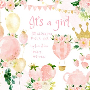 Es una clipart de acuarela de niña, imágenes prediseñadas de revelación de género, imágenes prediseñadas de guardería, uso comercial gratuito, gráficos de baby shower, imágenes prediseñadas de globos, recién nacidos