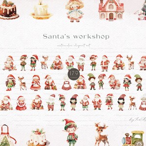 May include: A watercolor clipart set featuring Santa Claus, elves, reindeer, and other Christmas-themed illustrations. The set includes 179 elements and is titled "Santa's Workshop".