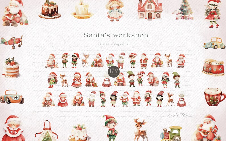 May include: A watercolor clipart set featuring Santa Claus, elves, reindeer, and other Christmas-themed illustrations. The set includes 179 elements and is titled "Santa's Workshop".