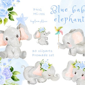 Baby elephant clipart, blue watercolor elephant PNG, FREE COMMERCIAL use, safari jungle animal clipart, nursery art, baby boy clipart png