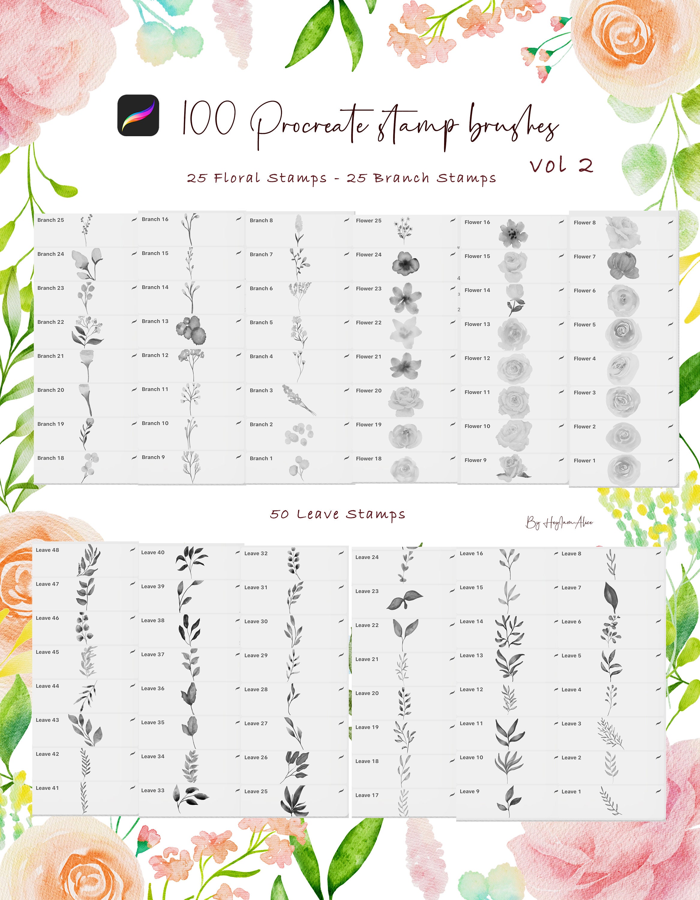 100 Realistic Watercolor Stamp Procreate Brush, FREE COMMERCIAL Use ...