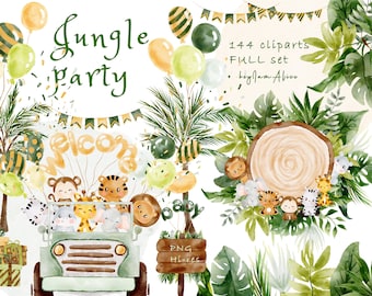 Jungle watercolor animal clipart, jungle nursery, jungle baby shower, safari animal graphic PNG, baby elephant, baby lion, baby giraffe PNG