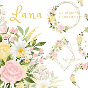 Clipart de aquarela de flor amarela rosa, brilho floral rosado PNG, uso COMERCIAL GRATUITO, margarida suave floral, clipart de casamento, clipart de berçário png