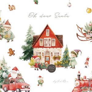 Clipart de Natal, clipart de casa aconchegante, clipart de feliz Natal em aquarela, clipart de Papai Noel, feriado PNG, Noel festivo png, árvore de Natal