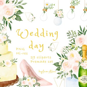 Wedding Day Watercolor Clip Art,  FREE COMMERCIAL use, Wedding Clipart png, Wedding Cake png, Watercolor Flowers, wedding Floral Clipart png