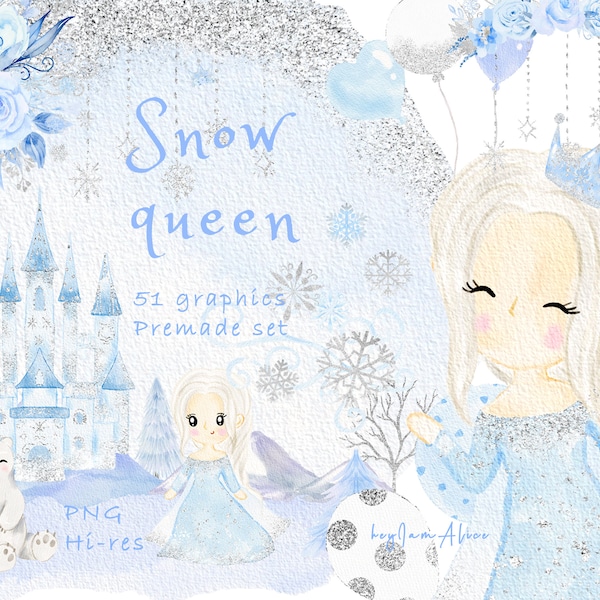 Reine des neiges aquarelle clipart, graphique de conte de fées, hiver neige argent, princesse bleue PNG, clipart pépinière, graphiques pour enfant, flocon de neige
