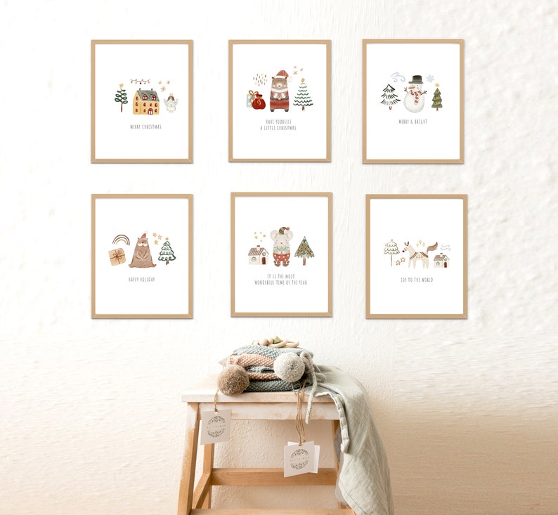 May include: Set of six printable Christmas cards featuring cute woodland animals in a winter setting. Each card has a different message, including "Merry Christmas", "Happy Holidays", "It is the most wonderful time of the year", and "Joy to the world".
