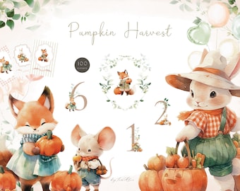 Autumn forest animal clipart PNG, fall woodland animal clipart, pumpkin harvest, nursery woodland, watercolor autumn boho baby, sublimation
