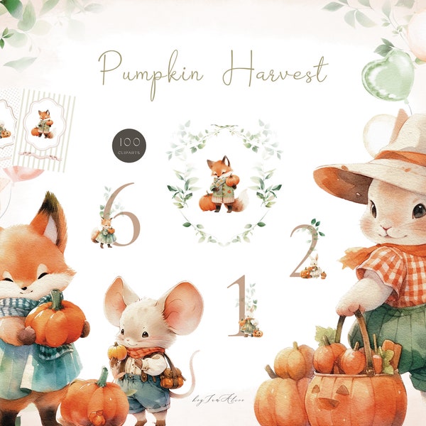 Herbst Wald Tier Clipart PNG, Herbst Wald Tier Clipart, Kürbis Ernte, Kinderzimmer Wald, Aquarell Herbst Boho Baby, Sublimation