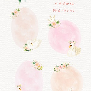 May include: Four watercolor frames featuring a swan with a floral crown and pink flowers. The frames are perfect for adding a touch of elegance to your designs.