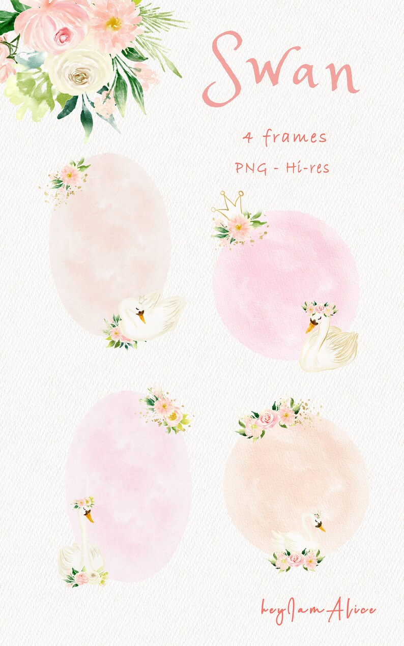 May include: Four watercolor frames featuring a swan with a floral crown and pink flowers. The frames are perfect for adding a touch of elegance to your designs.