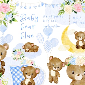Clipart orsetto bambino, orsacchiotto acquerello blu PNG, uso COMMERCIALE GRATUITO, clipart animali del bosco per bambini, arte della scuola materna, clipart bambina png