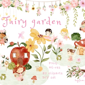 Fairy garden watercolor clipart, enchanted forest, fairy tale graphics, nursery clipart, magical fairy, once upon a time clipart, baby PNG