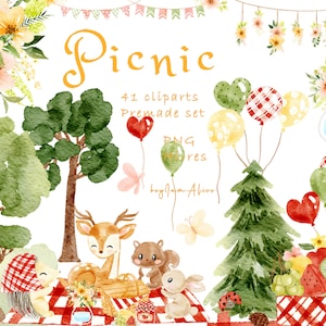Picnic Woodland animal watercolor clipart, forest baby nursery, cute baby animal graphic, nursery art, picnic clipart, party PNG, kid art