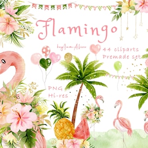 Imágenes prediseñadas de acuarela de flamenco tropical, PNG de flamenco rosa, PNG gráfico de fiesta de verano, cocotero, imágenes prediseñadas de piña, flor de hoja tropical
