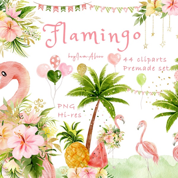 Tropical flamingo watercolor clipart, pink flamingo PNG, summer party graphic PNG, coconut tree, pineapple clipart, tropical leave flower