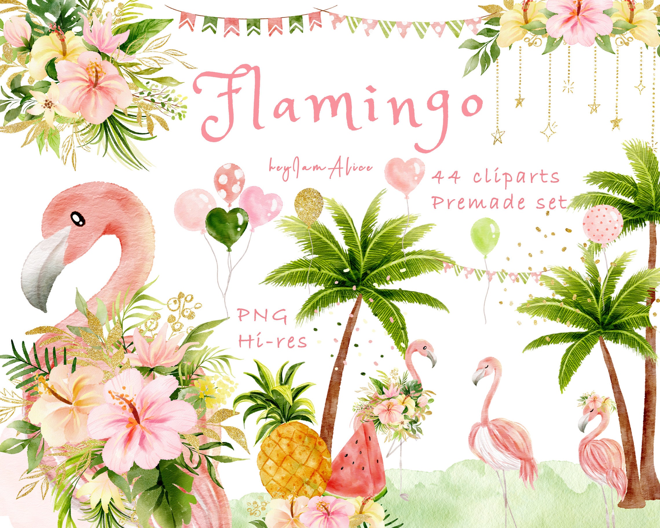 Etsy Leave Clipart, Pineapple PNG, Clipart, Tree, Summer Flower Flamingo - Pink Graphic Tropical Coconut Denmark Flamingo Tropical Party Watercolor PNG,