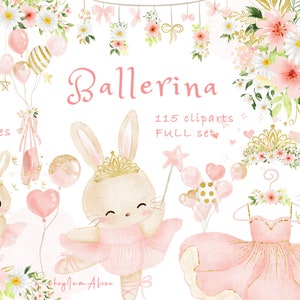 Clipart de bailarina, clipart de animal aquarela, coelhinho bailarina PNG, gráficos de tutus, clipart de berçário, gráfico de chá de bebê, bailarina menina