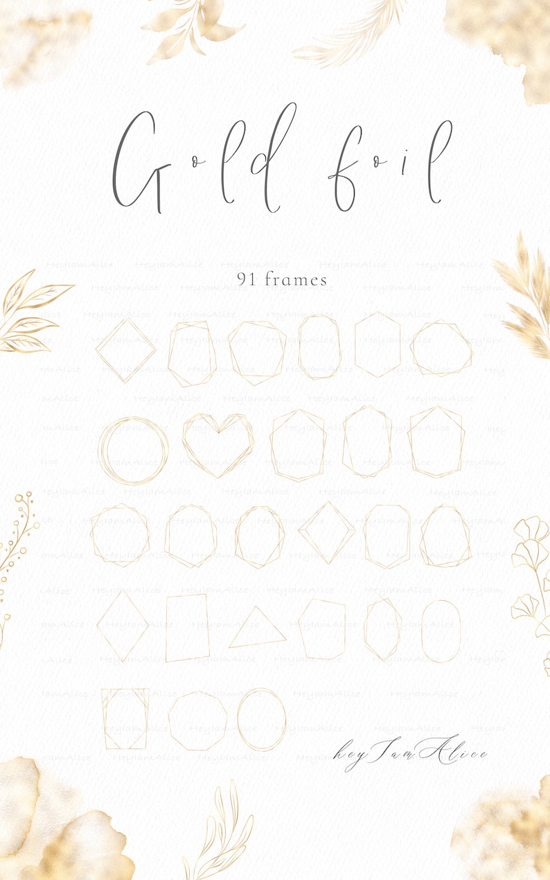 139 geometric frame PNG, Gold Foil Geometric Polygonal Frames Clipart, gold greenery, metallic glitter, wedding invitation, commercial use image 4