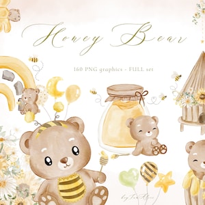 Clipart acquerello ape e miele, grafica PNG dell'orso del miele, clipart di piccoli animali, clipart mamma futura, PNG floreale margherita, grafica del vivaio del miele