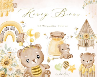 Bee and honey watercolor clipart, honey bear graphic PNG, little animal clipart, mama to be clipart, daisy floral PNG, honey nursery graphic