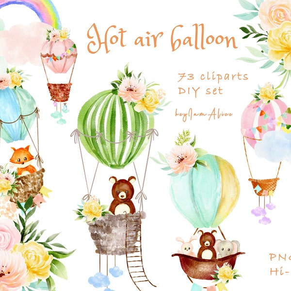 Hot air balloon watercolor clipart, FREE COMMERCIAL use, air balloon nursery clipart, animal clipart PNG, air transportation clipart, floral