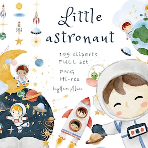 Aquarell Astronaut Clipart, Weltraum Grafik PNG, Aquarell Baby Kinderzimmer, Alien, Rakete, Raumschiff, Baby Junge Dekor, Weltraum digital