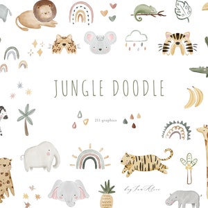 Boho Dschungel Aquarell Tier Clipart, Dschungel Kinderzimmer, Dschungel Babyparty, Safari Tier Grafik PNG, Elefant, Löwe, Sublimationsdesign PNG