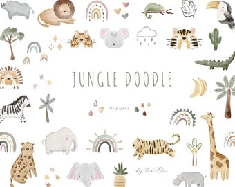 Boho Jungle watercolor animal clipart, jungle nursery, jungle baby shower, safari animal graphic PNG, elephant, lion, sublimation design PNG