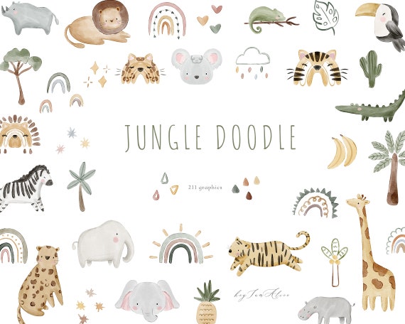Boho Jungle watercolor animal clipart, jungle nursery, jungle baby shower, safari animal graphic PNG, elephant, lion, sublimation design PNG