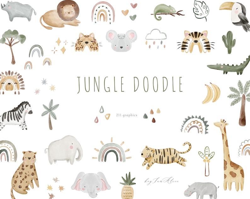 May include: A set of 211 jungle doodle graphics featuring animals, plants, rainbows, and other elements. The graphics are in a watercolor style and are perfect for creating invitations, cards, and other projects.
