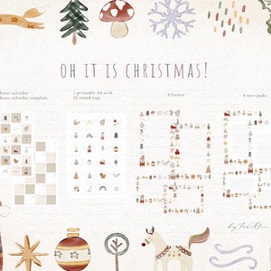 May include: A set of printable Christmas-themed digital papers featuring illustrations of a snowman, a fox, a mushroom, a snowflake, a house, a bird, a bear, a reindeer, a Christmas tree, a star, a bauble, and a candle. The papers are perfect for creating cards, gift tags, and other festive crafts.
