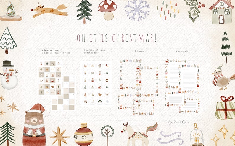 May include: A set of printable Christmas-themed digital papers featuring illustrations of a snowman, a fox, a mushroom, a snowflake, a house, a bird, a bear, a reindeer, a Christmas tree, a star, a bauble, and a candle. The papers are perfect for creating cards, gift tags, and other festive crafts.
