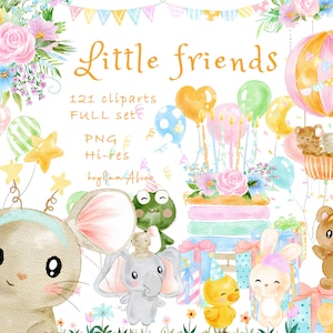 Clipart ad acquerello per piccoli animali, grafica per animali da bambino, PNG per bambini, arte per bambini, piccoli amici, elefantino, coniglietto, orsacchiotto