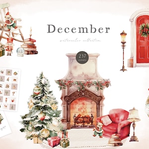 Clipart de Natal, clipart de casa aconchegante, clipart de feliz Natal em aquarela, clipart de Papai Noel, feriado PNG, Noel festivo png, árvore de Natal