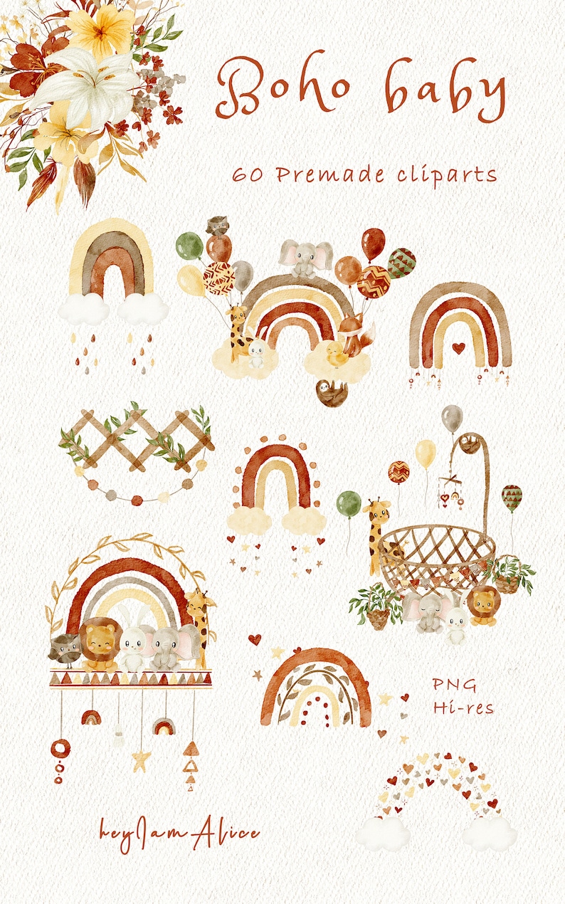 Boho Nursery Clipart, Watercolor Baby Animal Clipart, Newborn Boho Baby ...