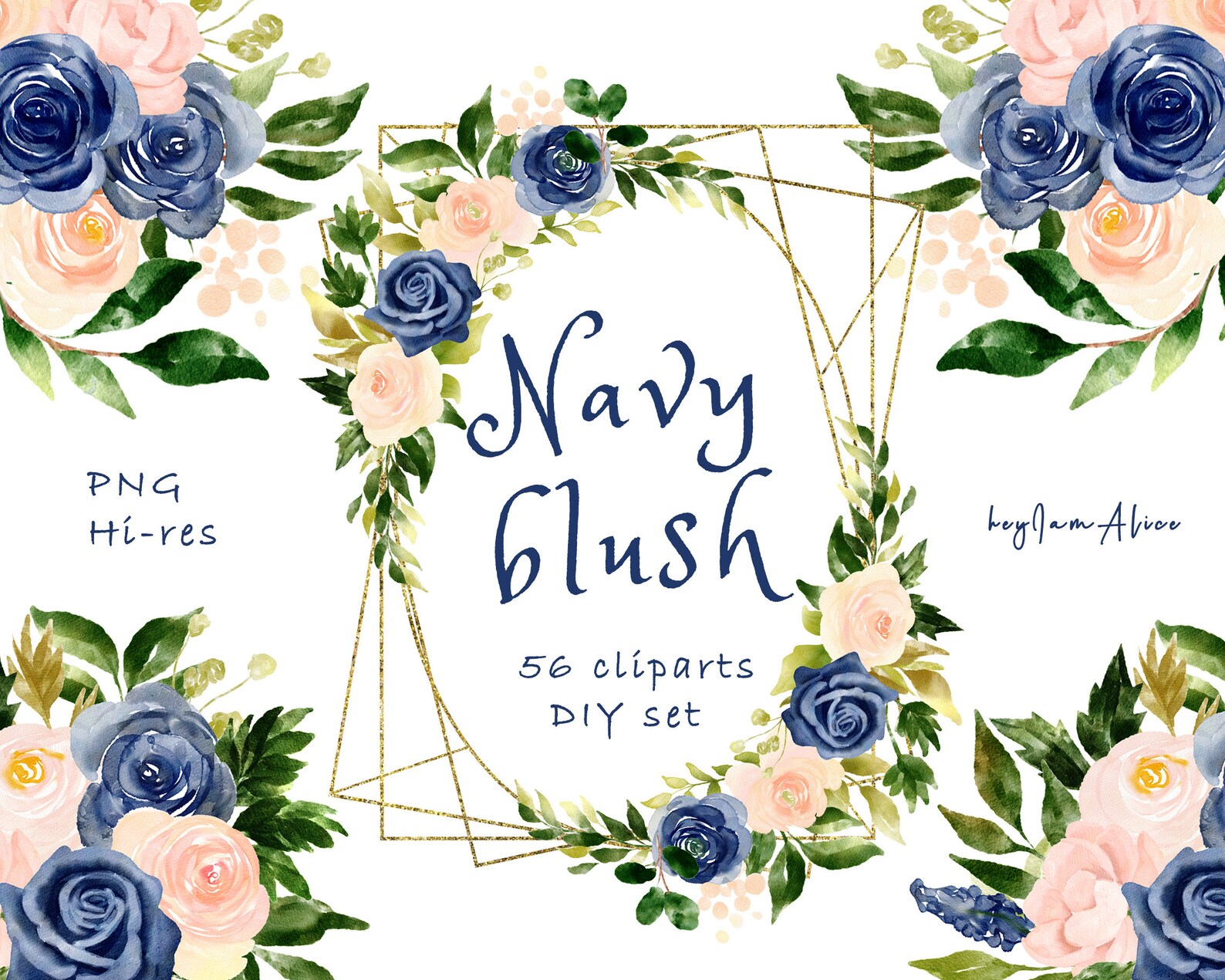 Navy Blush Flower Watercolor Clipart, FREE COMMERCIAL Use, Pink Floral ...