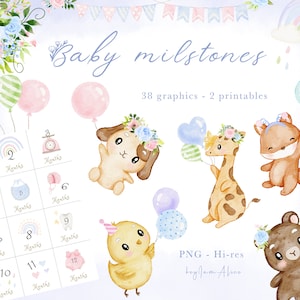 Baby Monthly Milestone Cliparts, Geburtstag Cliparts, Baby-Dusche-Geschenk, Tierbaby mit Ballons png, monatliches Wachstum Kunstwerke, Sublimation PNG