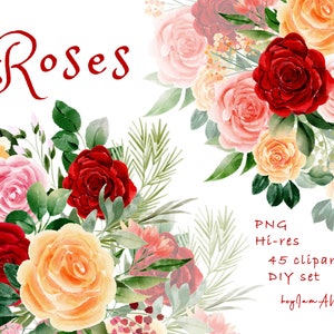 RED rose flower watercolor clipart, rose floral PNG, free commercial use, wedding floral clipart, flower nursery clipart, pink coral roses