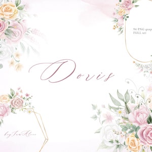 Clipart acquerello fiore rosa viola, PNG floreale rosa tenue, clipart di matrimonio, clipart di vivaio, cornice dorata floreale arrossata, design di sublimazione