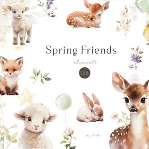 Niedliches Tier Aquarell Clipart, Baby Tier Kinderzimmer, entzückende Grafik für Kind, Kindergarten Kunst, Sublimation PNG, Hirsch, Hase, Fuchs, Schaf, Ostern
