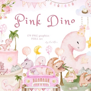 Bebé rosa dinosaurios acuarela clipart, linda chica dinosaurios rosa, invitación de cumpleaños de dinosaurio, bebé dinosaurio PNG, T rex, tiranosaurio PNG